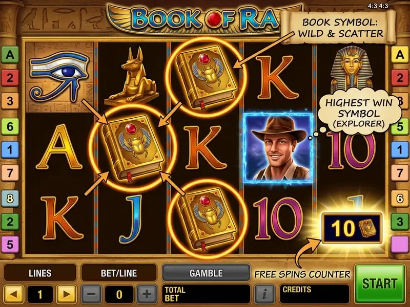 book of ra slot Oberfläche mit markiertem Wild, Scatter und Freispiel-Anzeige